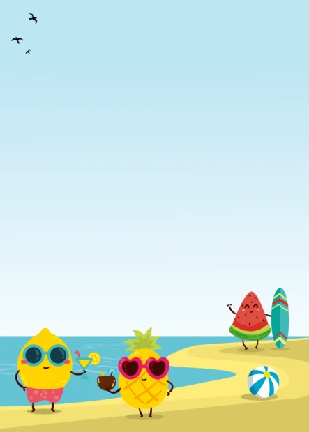 Dry-erase board for kids beach theme 568 - Features fruit characters wearing sunglasses against a beach backdrop.