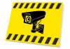 Camera sign - Graphic design. Yellow background with a black camera and warning stripes.