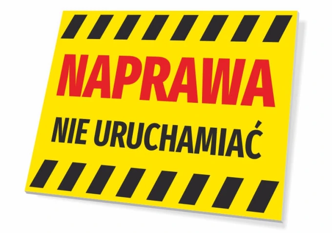 Repair sign, do not operate - Graphic design. Yellow background with red text and black stripes.