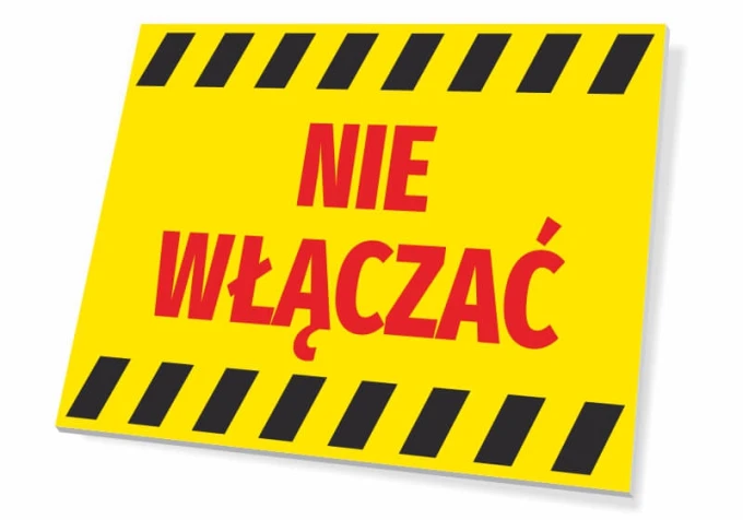 Do Not Turn On Sign - Graphic Design. Yellow background with red text and black stripes on the edges.