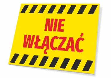 Do Not Turn On Sign - Graphic Design. Yellow background with red text and black stripes on the edges.