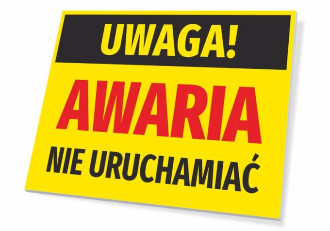 Warning: Out of order - Graphic design. Rectangular sign with a yellow background and black text at the top.