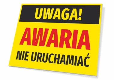 Warning: Out of order - Graphic design. Rectangular sign with a yellow background and black text at the top.