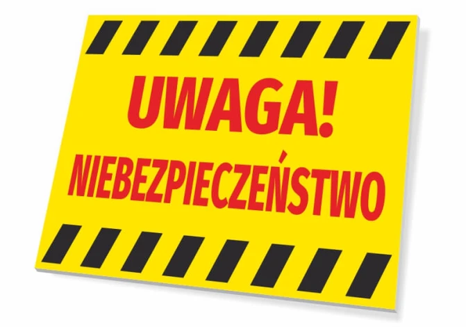 Warning sign T013 - Graphic design with yellow background, red text, and black stripes.
