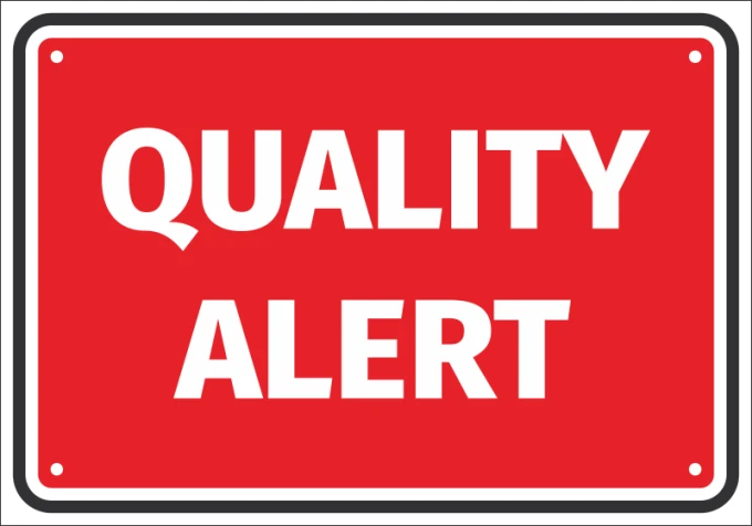 Quality alert sticker - Graphic design. Red background with large white text reading QUALITY ALERT.