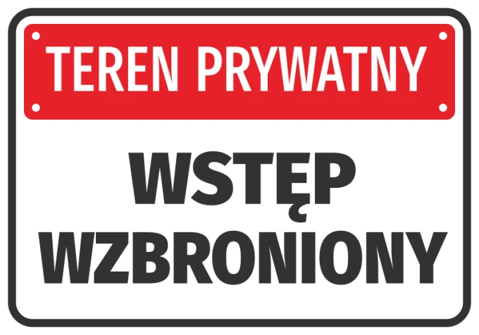 Private property sticker, no entry - Graphic design. Rectangular sticker with a red background and white text.