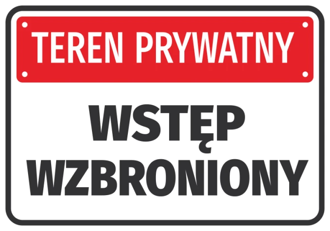 Private property sticker, no entry - Graphic design. Rectangular sticker with a red background and white text.