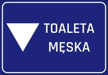 Men\'s Toilet Sticker 067 - Graphic design. White triangle pointing down on blue background with text.