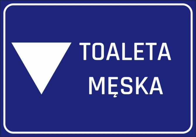 Men\'s Toilet Sticker 067 - Graphic design. White triangle pointing down on blue background with text.