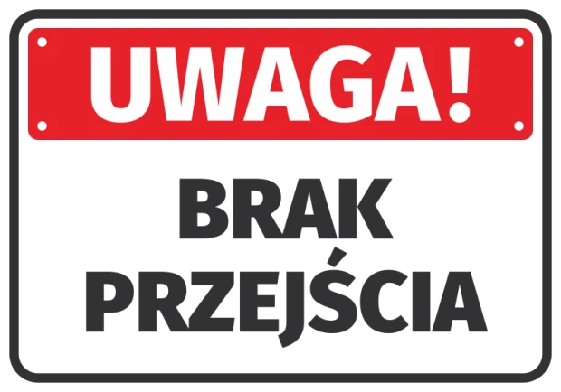 Warning sticker, no crossing - Graphic design. Rectangular sticker with a red background and white text.