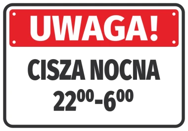 Night Quiet Notice Sticker 10 PM - 6 AM - Red rectangle with white "WARNING!" text and black "NIGHT QUIET" text.