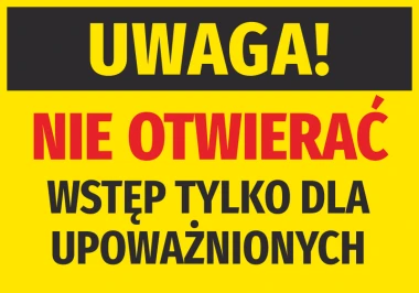 Caution sticker: Do not open, authorized personnel only - Graphic design. Bold red letters on a yellow background.