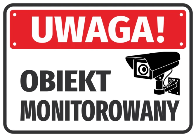 Warning: Monitored Area Sticker - Graphic design with red background, white text, and black camera graphic.