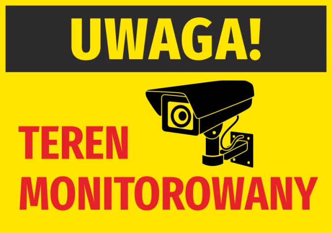 Caution monitored area sticker - Graphic design. Yellow background with black camera and red text.