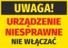 Warning sticker: Device malfunction, do not turn on - Graphic design. Yellow background with black text and red letters.