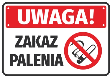 No Smoking Sticker - Graphic Design. Red rectangle with white text and a crossed-out cigarette symbol.