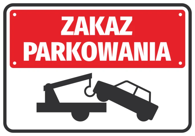 No Parking Sticker N038 - Graphic design with red background, white text, and black tow truck illustration.