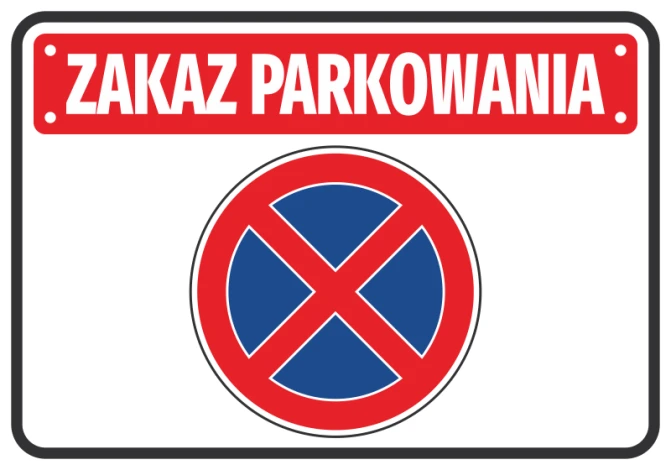 No Parking Sticker N039 - Graphic design with red text at the top and a blue circle featuring a red crossed line.
