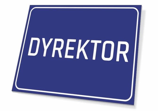 Director plaque - Simple rectangular sign with white "DIRECTOR" text on a blue background.