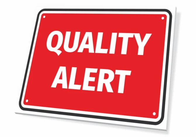 Quality alert sign - Graphic design. Red background with large white text reading QUALITY ALERT.