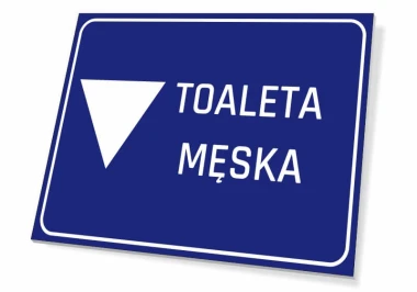 Men\'s Toilet Sign T067 - Graphic design with blue background, white text "MEN\'S TOILET," and a downward arrow.
