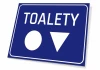 Toilet Sign T068 - Graphic design with a blue background, white text "TOILET," and two symbols: circular and triangular.