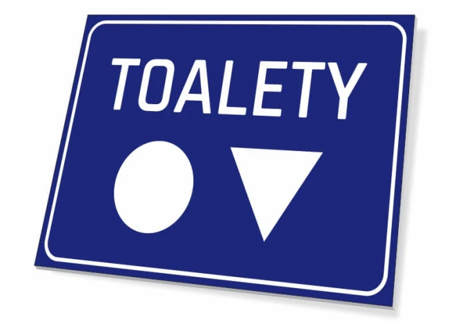 Toilet Sign T068 - Graphic design with a blue background, white text "TOILET," and two symbols: circular and triangular.