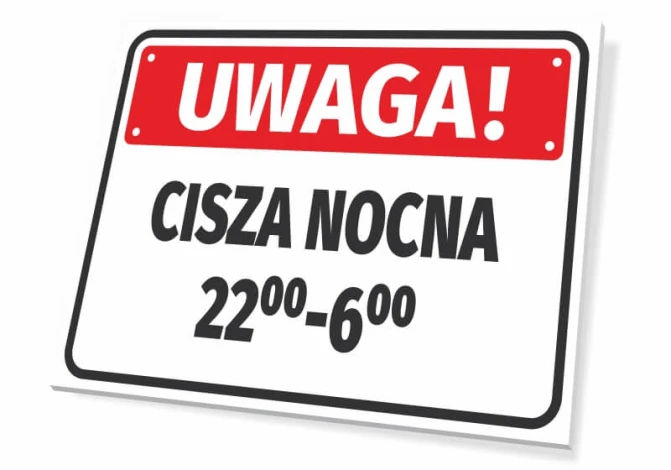 Quiet Hours Sign 10 PM - 6 AM - Graphic Design. Rectangular sign with a red background and white text.