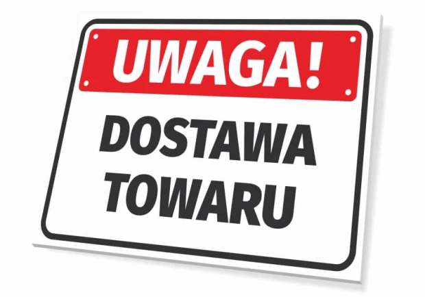 Warning sign for delivery - Graphic design. Rectangular sign with a red background and white text.