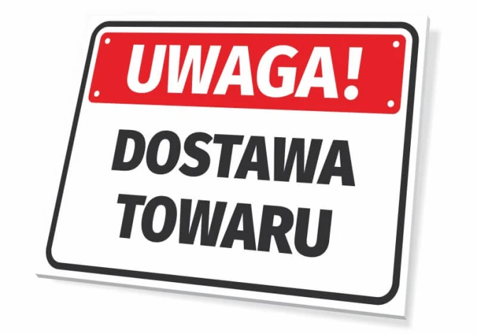 Warning sign for delivery - Graphic design. Rectangular sign with a red background and white text.