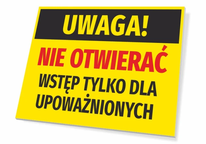 Caution sign: Do not open, authorized personnel only - Graphic design. Yellow background with black and red text.