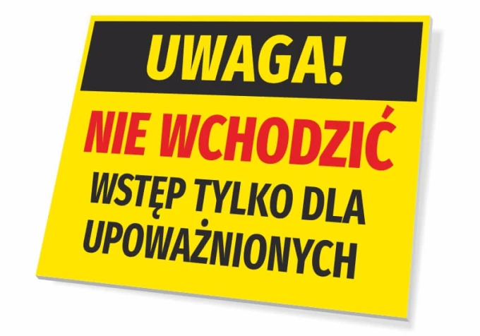 Caution sign: No entry, authorized personnel only - Graphic design. Yellow background with black and red text.