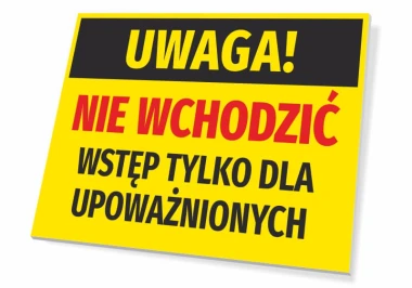 Caution sign: No entry, authorized personnel only - Graphic design. Yellow background with black and red text.