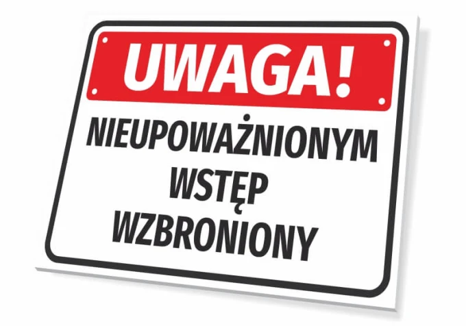 Warning sign: Unauthorized entry prohibited - Graphic design. Rectangular sign with a red background and white text.