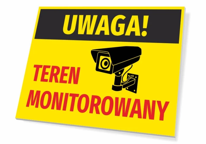 Caution monitored area sign - Graphic design. Yellow background with black text and camera icon.