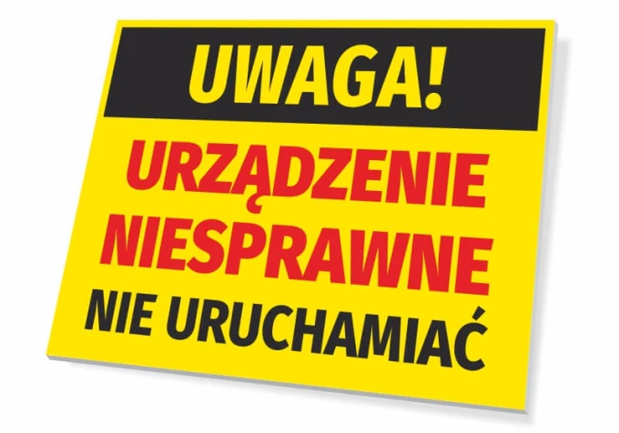 Caution: Device malfunction, do not operate - Graphic design with yellow background, black text, and red letters.