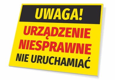 Caution: Device malfunction, do not operate - Graphic design with yellow background, black text, and red letters.