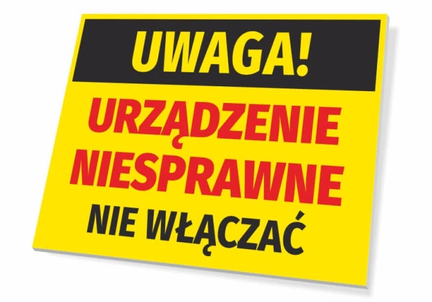 Caution: Device malfunction, do not turn on - Graphic design. Yellow background with black text and red accents.
