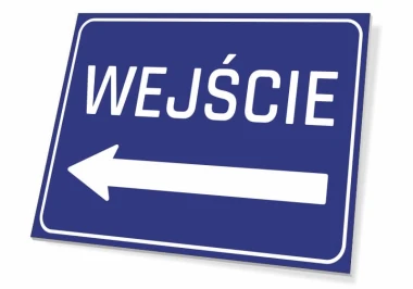 Entrance sign T056 - Graphic design. Blue background with white text ENTRY and left arrow.