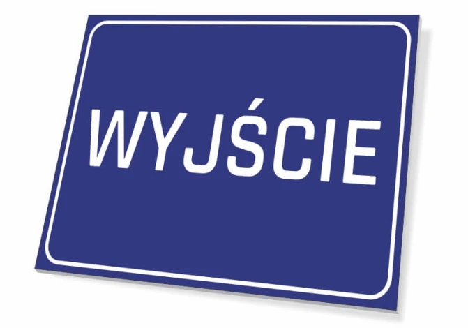 Exit sign T055 - Graphic design. Simple rectangle on blue background with white text EXIT.