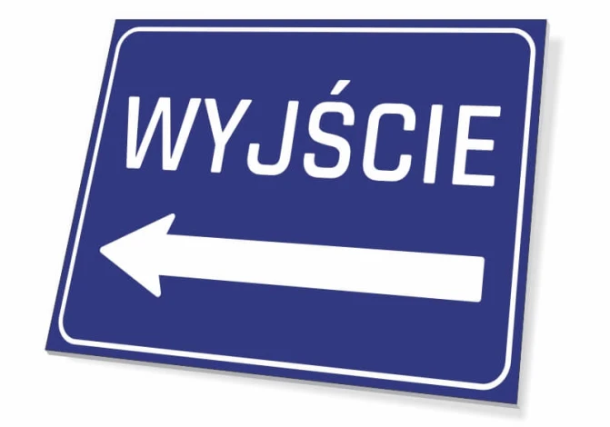 Left exit sign T058 - Graphic design. Blue background with white text EXIT and left arrow.