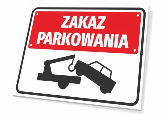 No Parking Sign T038 - Graphic design with red background, white text, and black image of a towed car.