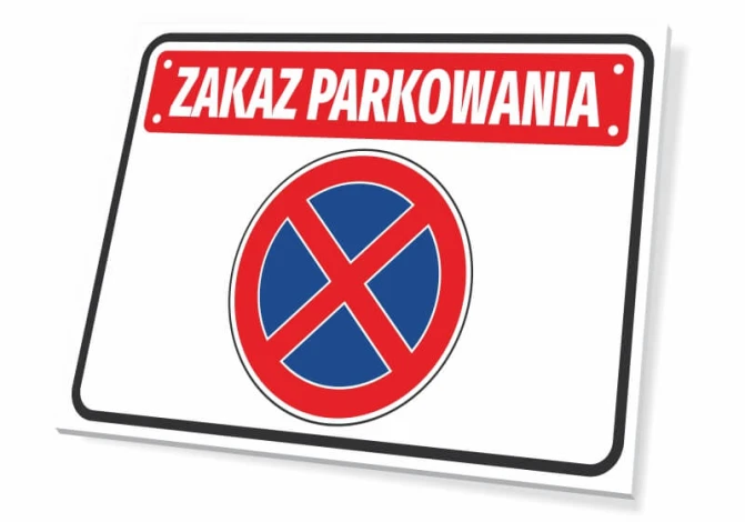 No Parking Sign T039 - Graphic design with red text on a white background, featuring a blue circle and red cross.