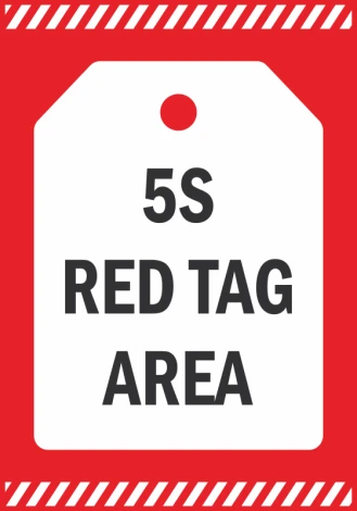 5S Red Tag Area sticker N094 - Graphic design with red background, white tag, and large text 5S RED TAG AREA.