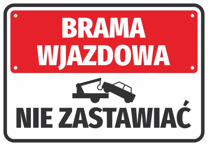 Entrance gate sticker, do not block - Graphic design. Red background with white text and towing icon.
