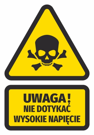 Warning sticker: Do not touch, high voltage - Graphic design with a skull and crossbones in a triangle on a yellow background.