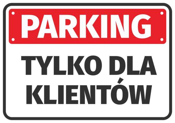 Parking sticker for customers only - Rectangular design with a red background and white text.