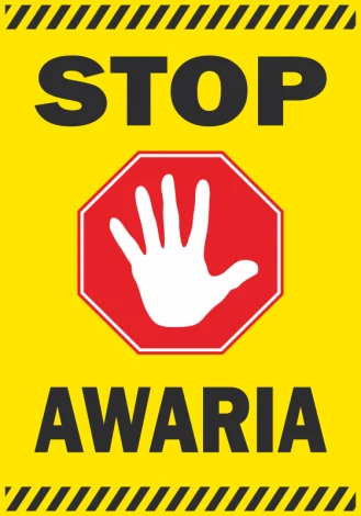 Stop, malfunction sticker - Graphic design. A red octagon with a white hand on a yellow background.