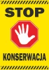 Stop sticker, maintenance - Graphic design. A red octagon with a white hand on a yellow background.