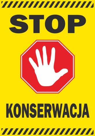 Stop sticker, maintenance - Graphic design. A red octagon with a white hand on a yellow background.